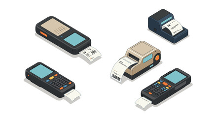 Modern isometric handheld barcode scanners and receipt printers on white background