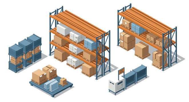 Isometric warehouse storage solutions with shelving units and packaging boxes