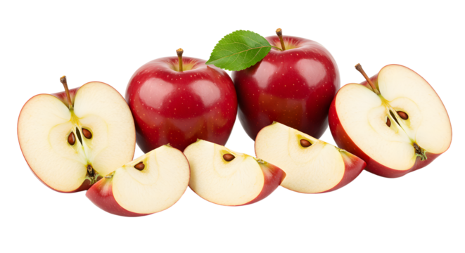 Fresh red apples with apple slices isolated on white background, perfect for healthy eating and cooking