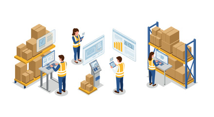 Warehouse management system isometric scene with workers and digital interfaces