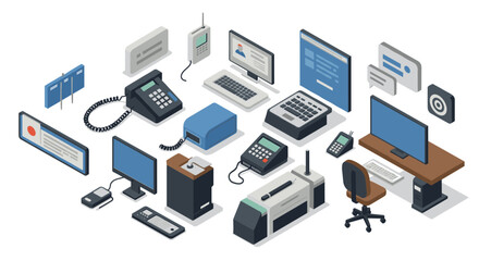 Modern office equipment isometric layout with computers and gadgets