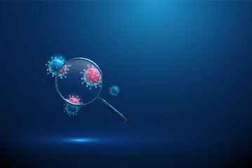 Magnifying glass showing blueand red viruses. Viral structure analysis, pathogen detection, infectious disease diagnostics, biotechnology concept.