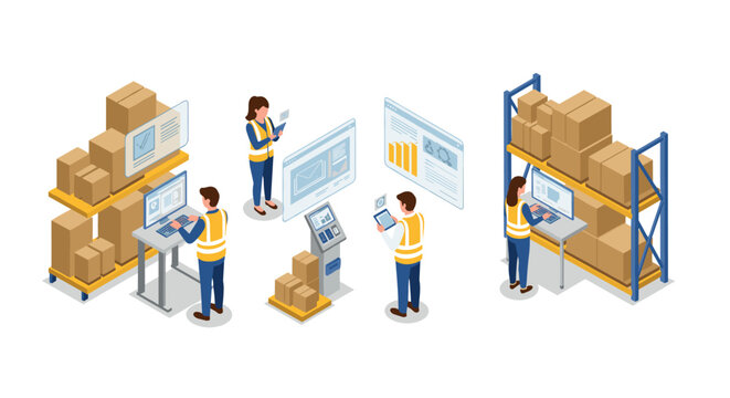 Warehouse management system isometric scene with workers and digital interfaces
