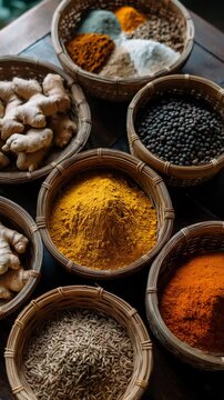 Top-down view of various powdered spices in round woven baskets, vibrant colors like turmeric yellow, chili red, and cumin brown, arranged neatly on a rustic market table, rich textures, natural light