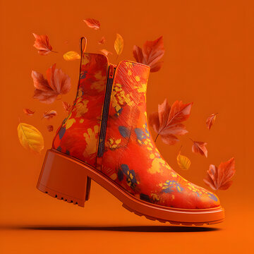 Fashionable modern concept of women&rsquo;s footwear, autumn boot in orange color with a leaf print. Fall season. Minimal concept. 