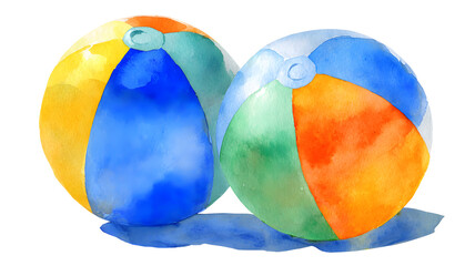 Two colorful vibrant watercolor beach ball for the summer, beach ball on white background, colorful beach ball