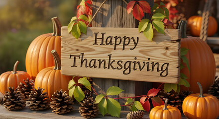 Rustic "Happy Thanksgiving" Wooden Sign Surrounded by Pumpkins and Pinecones