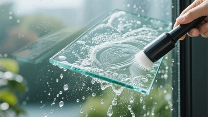 A hand uses a brush to clean a soapy glass surface, with water droplets and foam visible on the transparent panel.