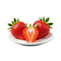 Three fresh, ripe red strawberries, two whole with dewdrops, one halved revealing juicy flesh, on a white plate against a transparent background, concept of pure freshness and quality