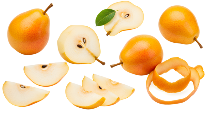 Fresh ripe yellow pears whole, sliced, and peeled isolated on white background, healthy fruit concept, perfect for recipe illustrations