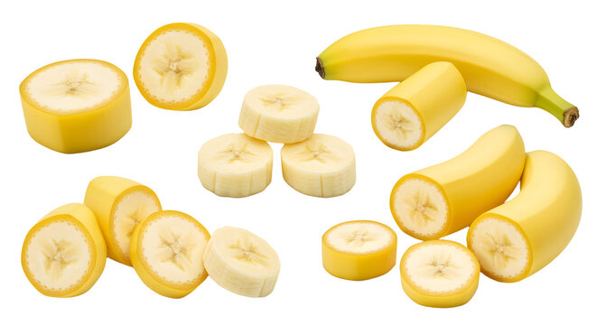 Fresh sliced bananas and whole banana pieces isolated on white background, healthy fruit snack and ingredient perfect for smoothies and desserts