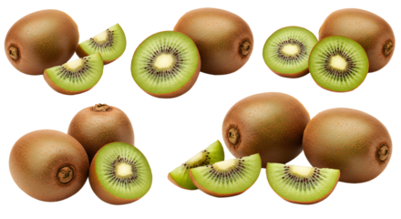 Fresh whole and sliced kiwifruit isolated on white background, healthy tropical fruit perfect for smoothies and snacks