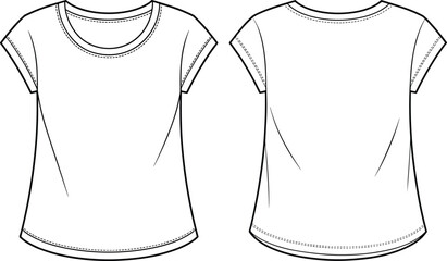 Women’s short sleeve T‑shirt fashion illustration, round neckline, shaping darts, flared hem, front and back technical drawing, garment design template