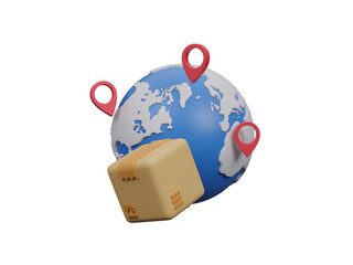 Cardboard box and map pin icon isolated on transparent background for online shopping and delivery concept design. Parcel delivery worldwide. Fast and express shipping service. 3d rendering
