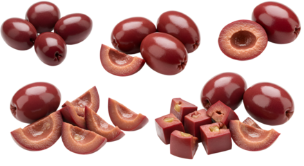 Whole and sliced maraschino cherries with glossy red coating and juicy interior, perfect for desserts and cocktails