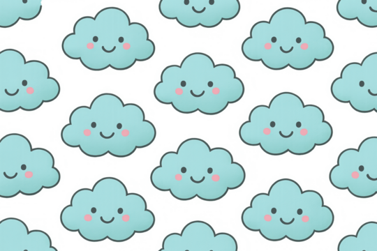 Cute cartoon blue clouds happy faces pattern on transparent background representing good weather and dreams