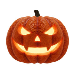 Spooky carved halloween pumpkin with glowing orange light and sharp teeth isolated on transparent background