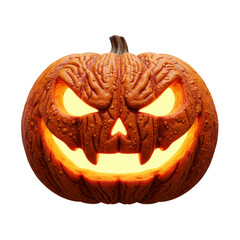 Spooky carved halloween pumpkin with glowing orange light and a menacing face isolated on transparent background