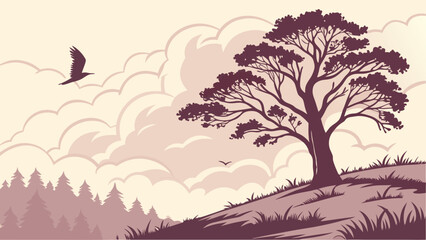 Silhouette of a Hillside Landscape with Tree and Clouds.