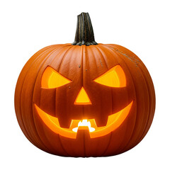 A carved glowing halloween jack o lantern with a spooky face illuminated from within isolated on transparent background