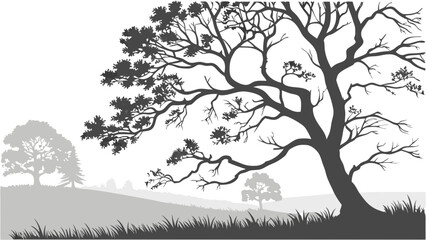 Silhouette of trees in a landscape grayscale nature illustration botanical art vector graphic.