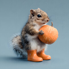 A cute little squirrel holding a pumpkin and wearing orange rain boots, ready for autumn days. Minimal concept. Illustration.