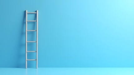 A wooden ladder leaning against a bright blue wall