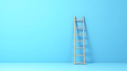 Wooden ladder leaning against a light blue wall