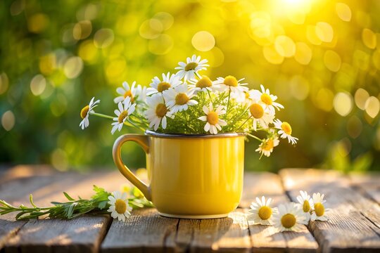 A cheerful yellow mug filled with white daisies and green leaves, placed on a rustic wooden table bathed in warm sunlight with a bokeh background - Powered by Adobe