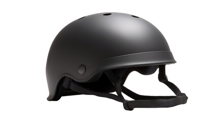 Fototapeta premium A matte black helmet with visible straps and ventilation holes on a black background in a studio shot