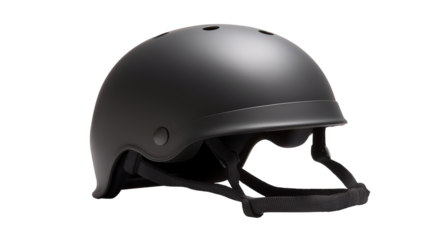 A matte black helmet with visible straps and ventilation holes on a black background in a studio shot