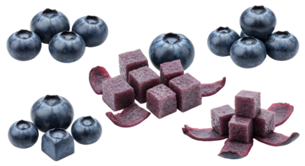 Fresh blueberries with purple fruit leather cubes and flower shapes, healthy natural snack and fruit dessert, perfect for food presentations