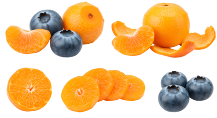 Fresh mandarin oranges and blueberries set with peeled segments and sliced pieces on white background, healthy fruit closeup perfect for food and nutrition content