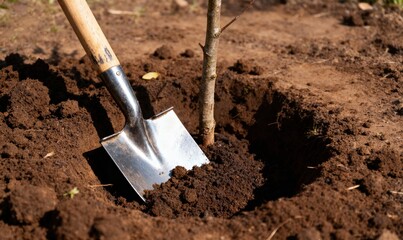 A silver shovel is pressing rich dark soil around the base of a small, newly planted sapling in a close-up shot.