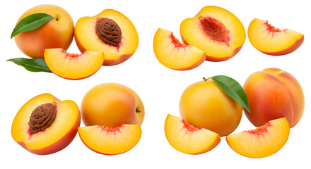 Fresh ripe peaches with green leaves and peach halves isolated on white background - perfect for healthy food and summer recipes
