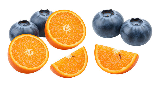 Close-up of fresh sliced oranges and ripe blueberries isolated on white background, perfect for healthy eating and nutrition content