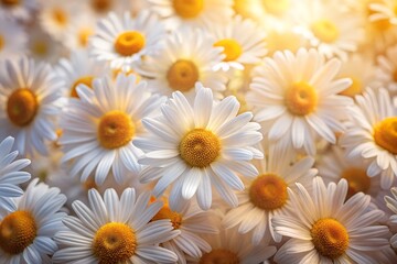Fototapeta premium A field of bright white daisies with yellow centers, illuminated by warm golden sunlight, creating a cheerful and idyllic scene of summer natures simple beauty and vibrant life