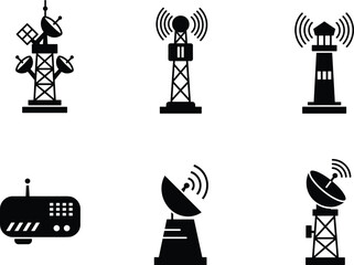 Communication, signal, tower, satellite, dish, antenna, radar, console, walkie-talkie, icon, silhouette, black, vector, transmission, network, technology, 