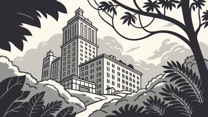 Tall Building Amongst Lush Greenery Vintage Style Illustration.