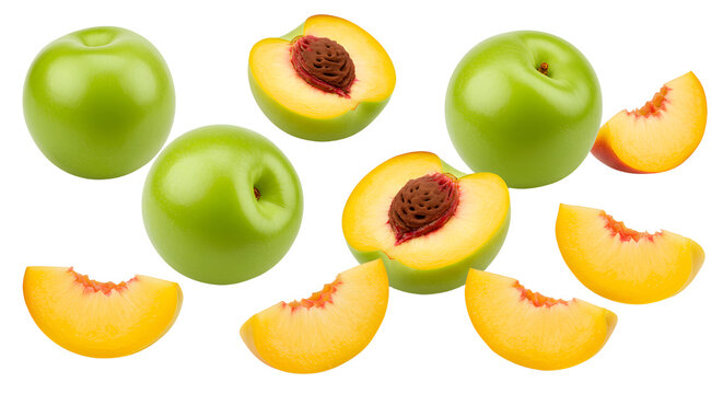 Fresh green apples and sliced ripe peaches isolated on white background, healthy fruit for cooking and snacking