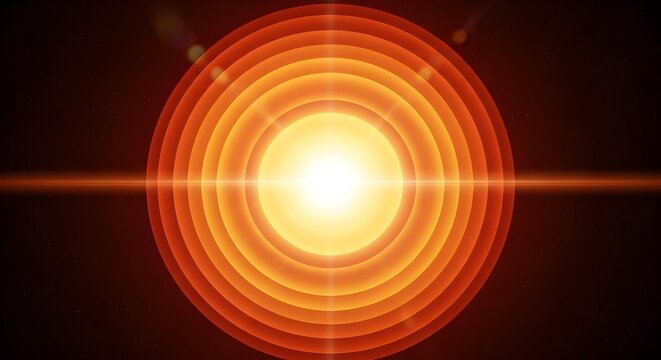 Brilliant Abstract Sunburst with Concentric Orange Circles and Radiating Light Beams, Symbolizing Energy, Illumination, and Cosmic Power in Modern Digital Art on a Dark Background