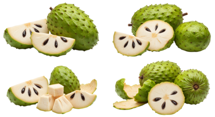 Fresh green soursop fruits and slices isolated on white background, tropical exotic fruit perfect for health and nutrition content
