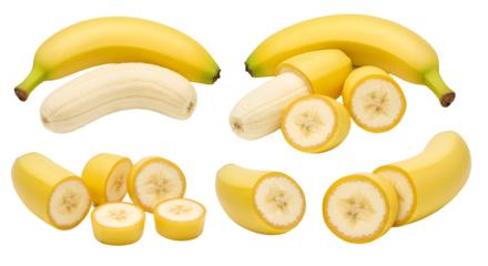 Ripe yellow bananas whole and sliced isolated on white background, fresh tropical fruit perfect for healthy snacks and smoothies