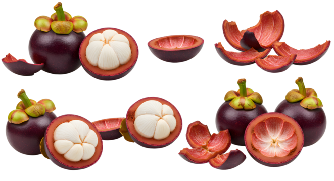 Fresh mangosteen fruit and peel isolated on white background, tropical fruit, healthy food, perfect for food and nutrition content