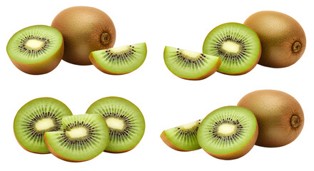 Fresh ripe kiwi fruit and slices isolated on white background, healthy tropical snack perfect for smoothies and desserts