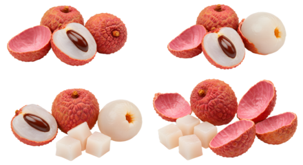Fresh ripe lychee fruits with peeled flesh and seeds isolated on white background, tropical exotic fruit perfect for healthy recipes