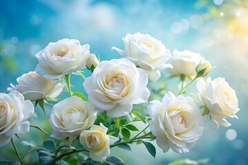 A delicate cluster of white roses blooms against a soft blue, bokehfilled sky, with sunlight gently illuminating the petals and creating a dreamy, romantic atmosphere