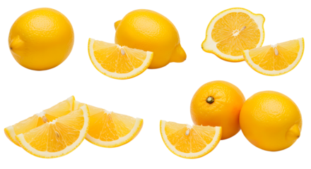 Fresh whole and sliced lemons isolated on white background, bright citrus fruit perfect for cooking and refreshing drinks