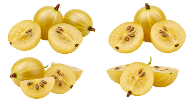 Fresh whole and sliced golden gooseberries with seeds isolated on white background, perfect for healthy food or recipe concepts