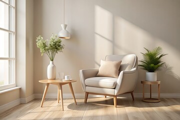 A bright and airy living room corner with a comfortable armchair, a small wooden side table with a vase of flowers, and a large window letting in natural light